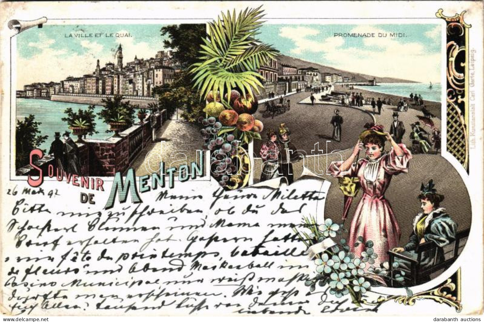 T2/T3 1897 (Vorläufer) Menton, La Ville Et Quai, Promenade Du Midi / Quay, Seaside Promenade. Carl Garte Art Nouveau, Fl - Sin Clasificación