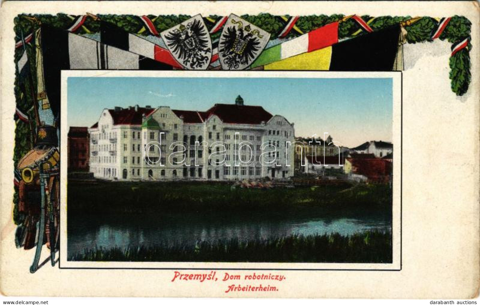 T3/T4 Przemysl, Dom Robotniczy / Arbeiterheim / Worker's House. Art Nouveau Central Powers Propaganda With Flags And Coa - Non Classificati