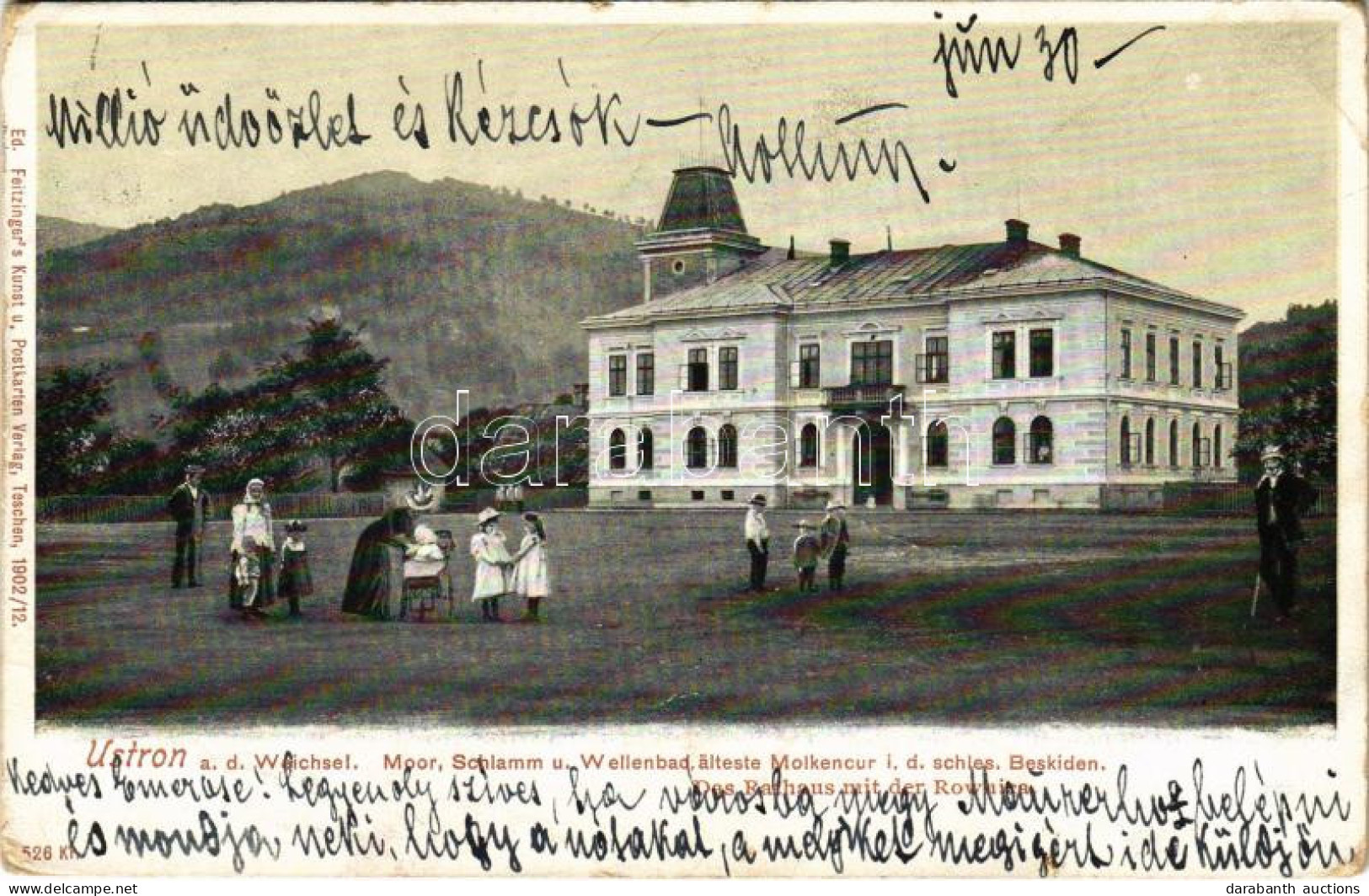 T2/T3 1909 Ustron, Weichsel, Moor-, Schlamm- Und Wellenbad, ältest. Molkencur I.d. Schles. Beskiden, Das Rathaus Mit Der - Unclassified