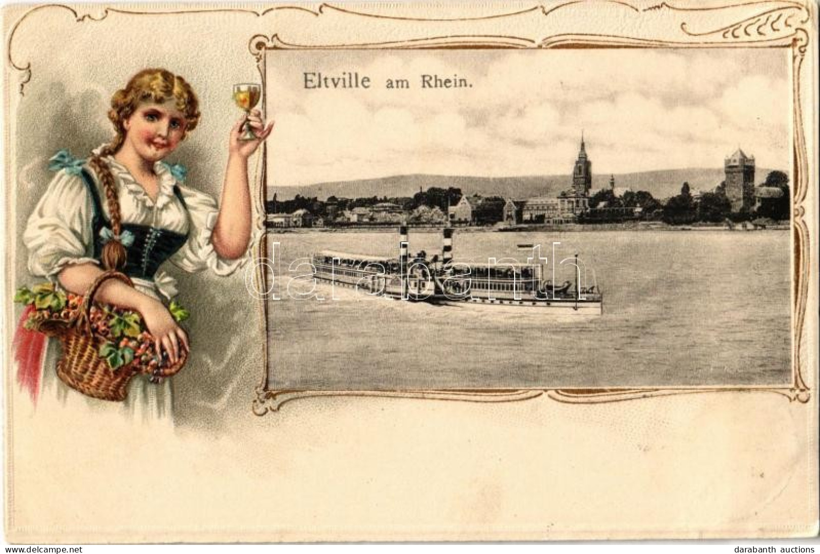 T2 1908 Eltville Am Rhein. Dampfer / Steamship. Lady, Folklore Emb. Litho - Ohne Zuordnung