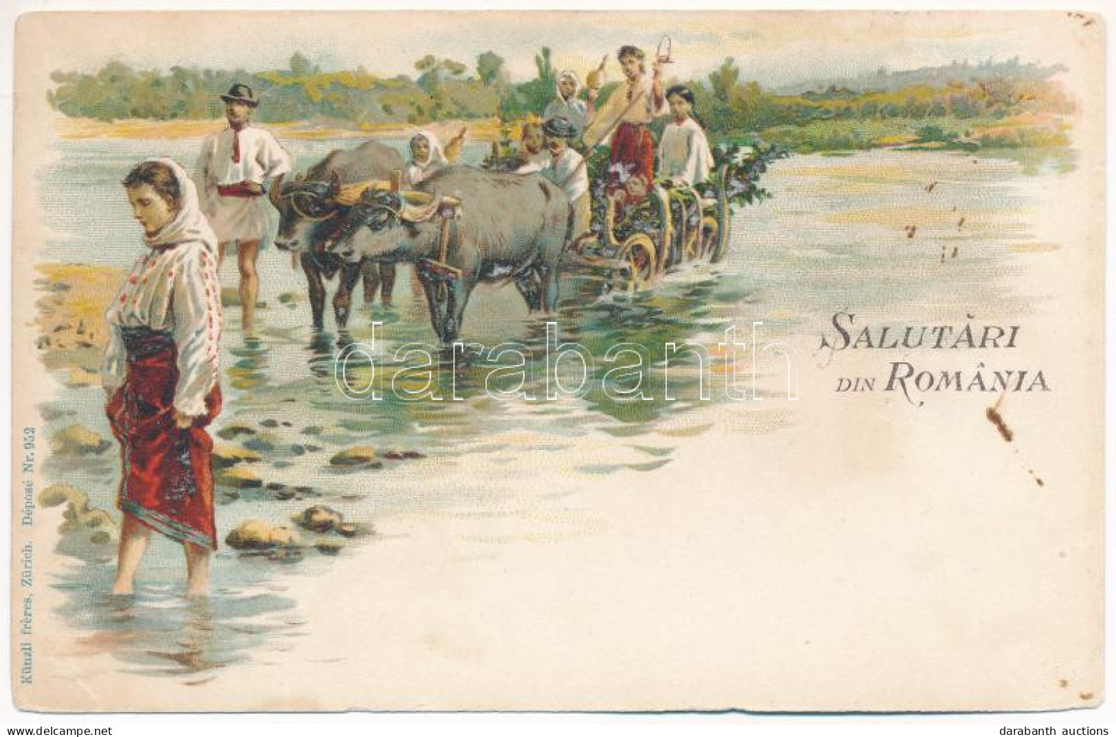 T3 Salutari Din Romania / Folklore With Oxen Cart. Künzli Nr. 952. Art Nouveau Litho (fl) - Zonder Classificatie