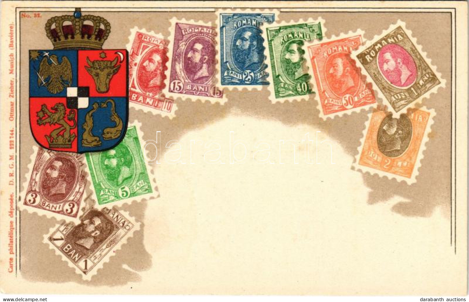 ** T1 Romania - Stamps And Coat Of Arms. Carte Philatélique Ottmar Zieher No. 32. Art Nouveau Litho - Sin Clasificación