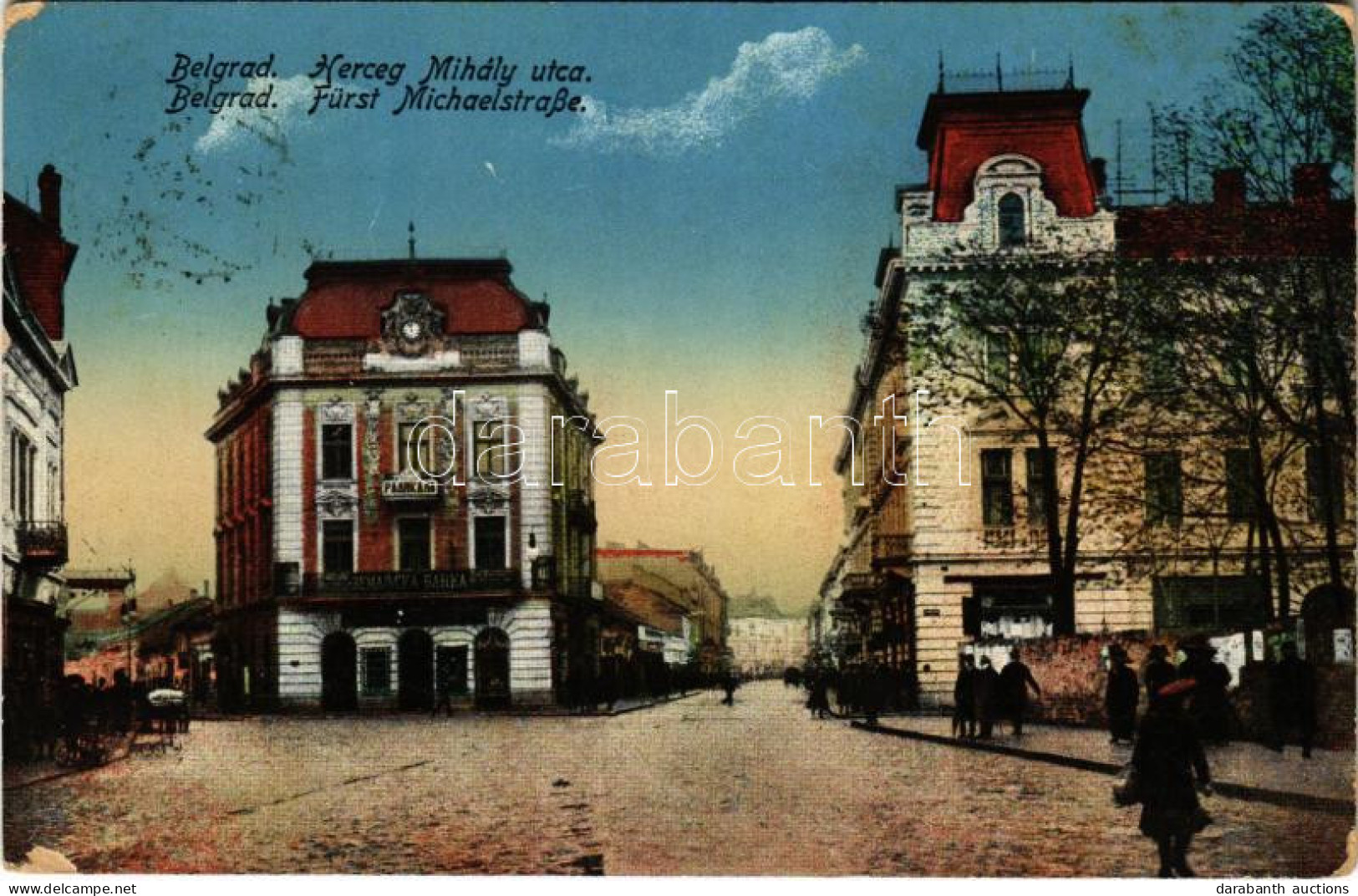 T2/T3 1916 Belgrád, Belgrade, Beograd; Herceg Mihály Utca, Bank / Fürst Michaelstraße / Street View, Bank (worn Corners) - Ohne Zuordnung