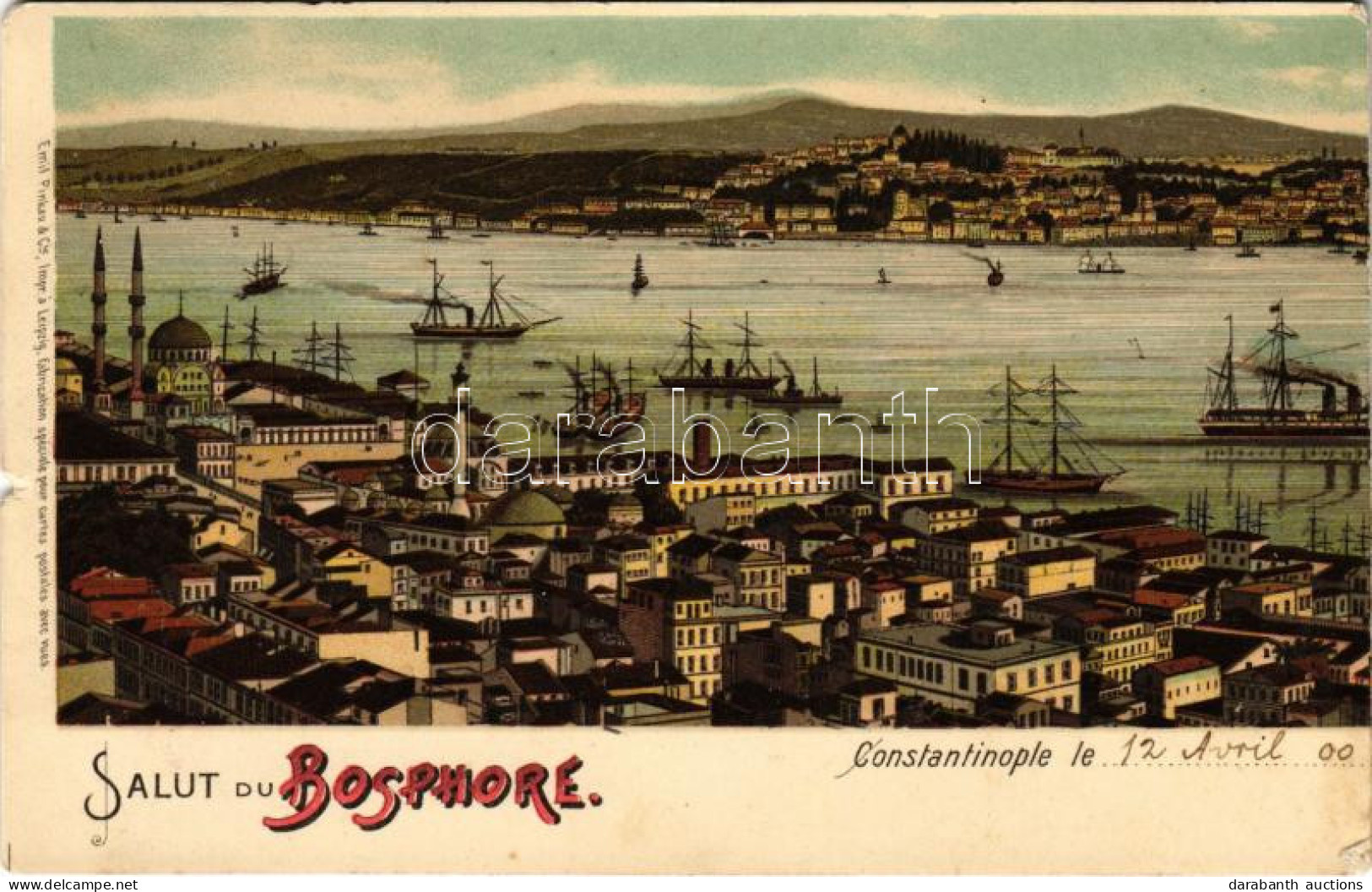 T2/T3 1900 Constantinople, Istanbul; Salut Du Bosphore. Emil Pinkau & Cie / Bosphorus. Art Nouveau, Litho (tear) - Sin Clasificación