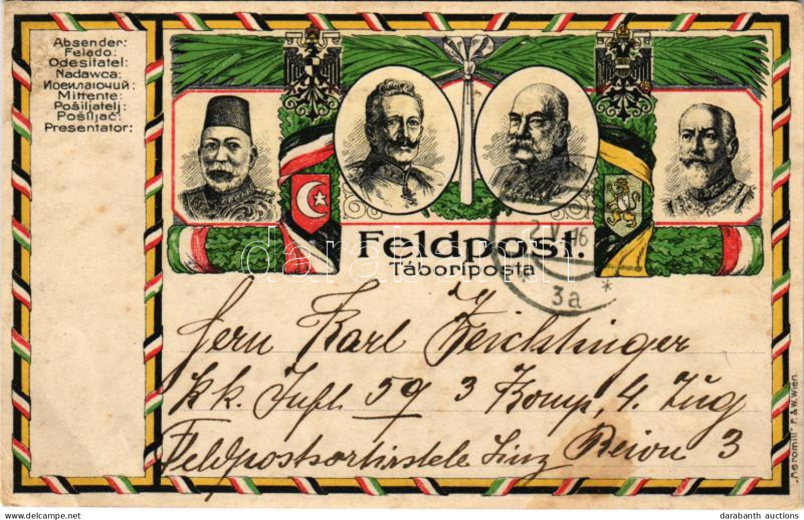 T3 1916 Első Világháborús Tábori Postai Levelezőlap A Központi Hatalmak Uralkodóival: V. Mehmed, I. Ferdinánd, II. Vilmo - Non Classés