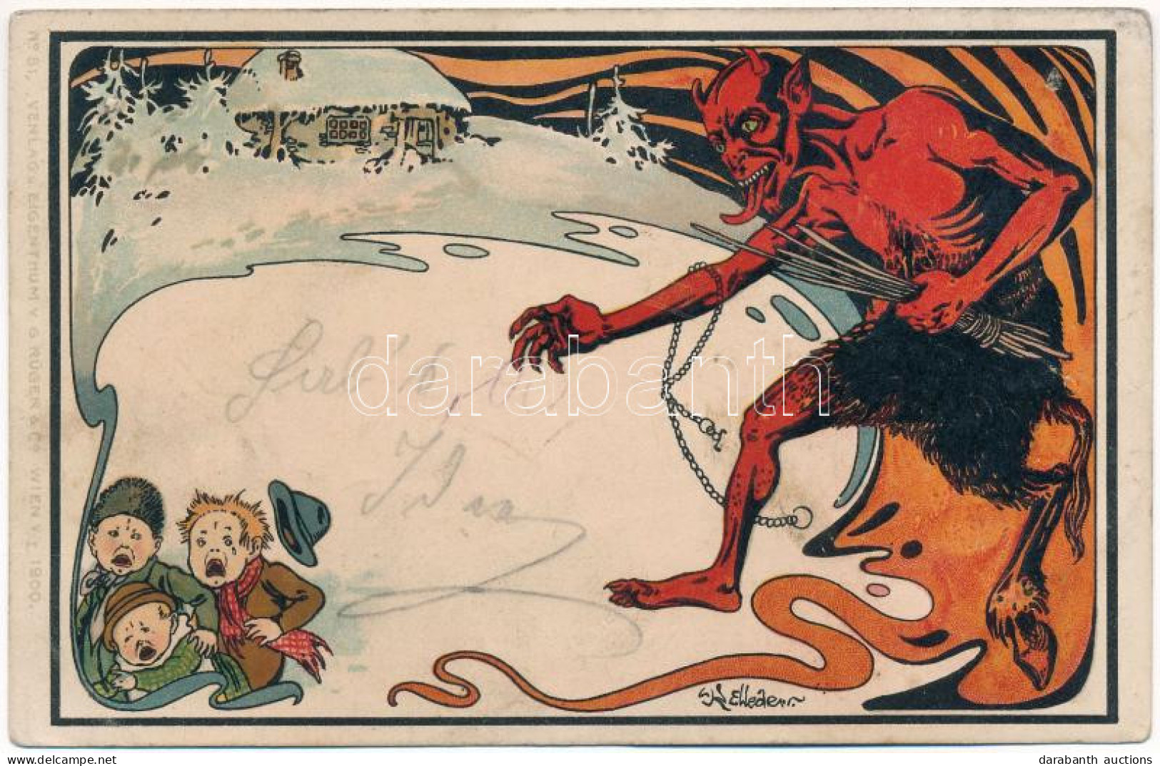 * T3/T4 Krampusz / Krampus. G. Rüger & Co. Wien V/I. 1900. No. 51. Art Nouveau Litho S: Karl Elleder (lyukak / Pinholes) - Sin Clasificación