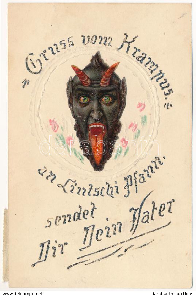 T2 1924 Gruss Vom Krampus An Lintschi Pfass Sendet Dir Dein Vater / Dombornyomott Díszített Krampuszos üdvözlet / Emboss - Ohne Zuordnung