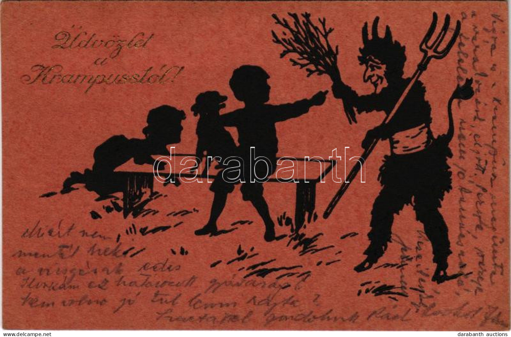 T2/T3 1922 Üdvözlet A Krampusztól! / Krampus With Birch And Children, Silhouette (EK) - Unclassified