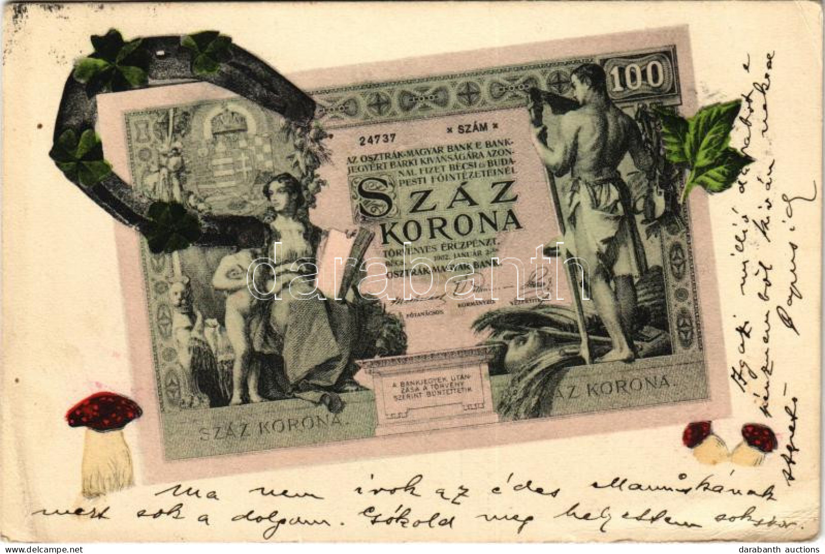 T2/T3 1905 Száz Korona Magyar Bankjegy. Szecessziós Montázs újévi Motívumokkal / Hungarian Banknote Montage With Mushroo - Sin Clasificación