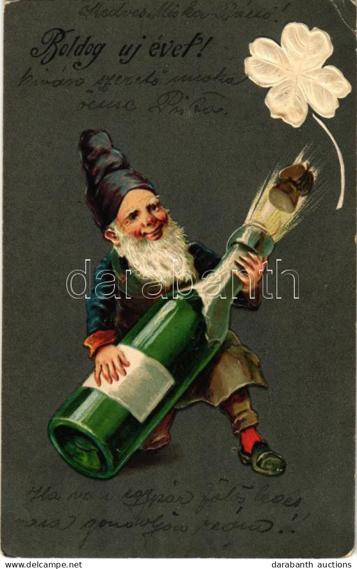 T2/T3 1905 Boldog új évet! Törpe Pezsgővel - Dombornyomott / New Year Greeting, Dwarf With A Bottle Of Champagne. Emboss - Non Classificati