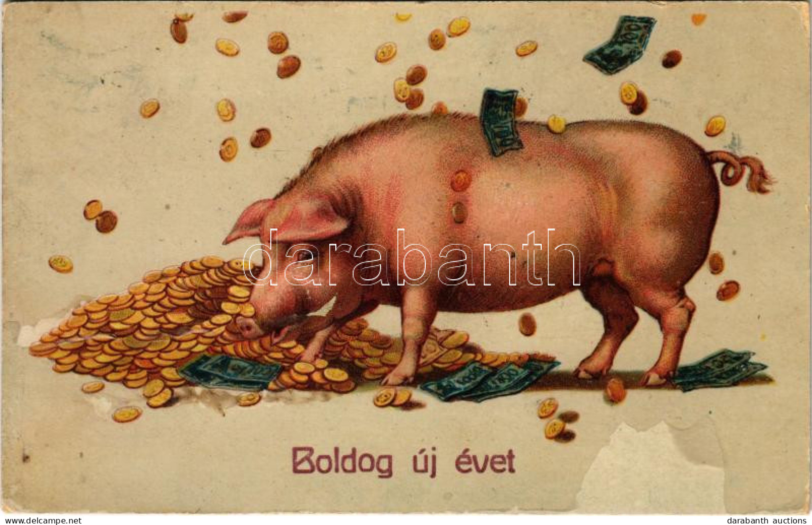 T3 1917 Boldog új évet! Malac Pénzesőben / New Year Greeting, Pig In Money Rain. Litho (fl) - Zonder Classificatie