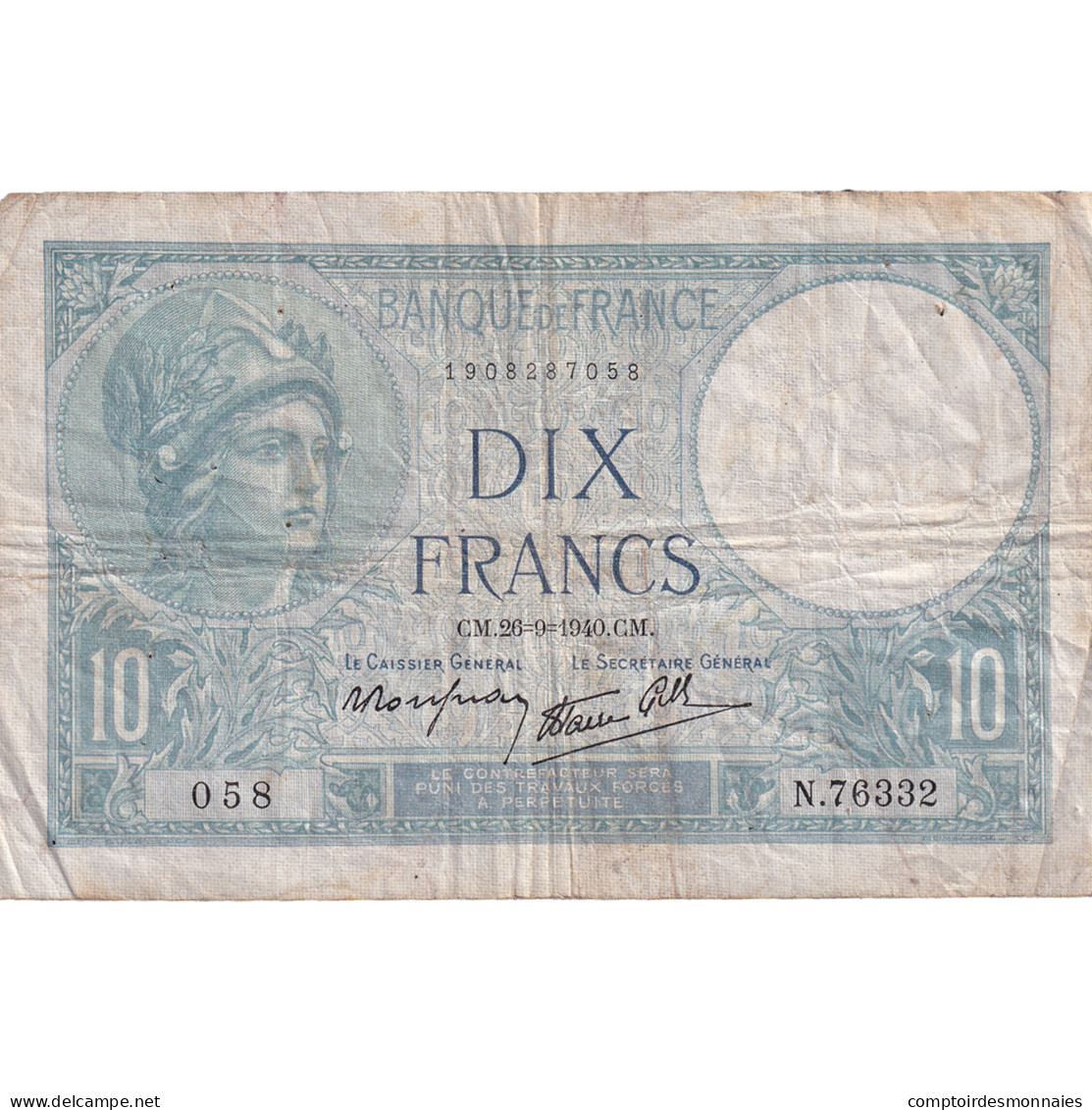 France, 10 Francs, Minerve, 1939, N.76332, TB, Fayette:7.15, KM:84 - 10 F 1916-1942 ''Minerve''