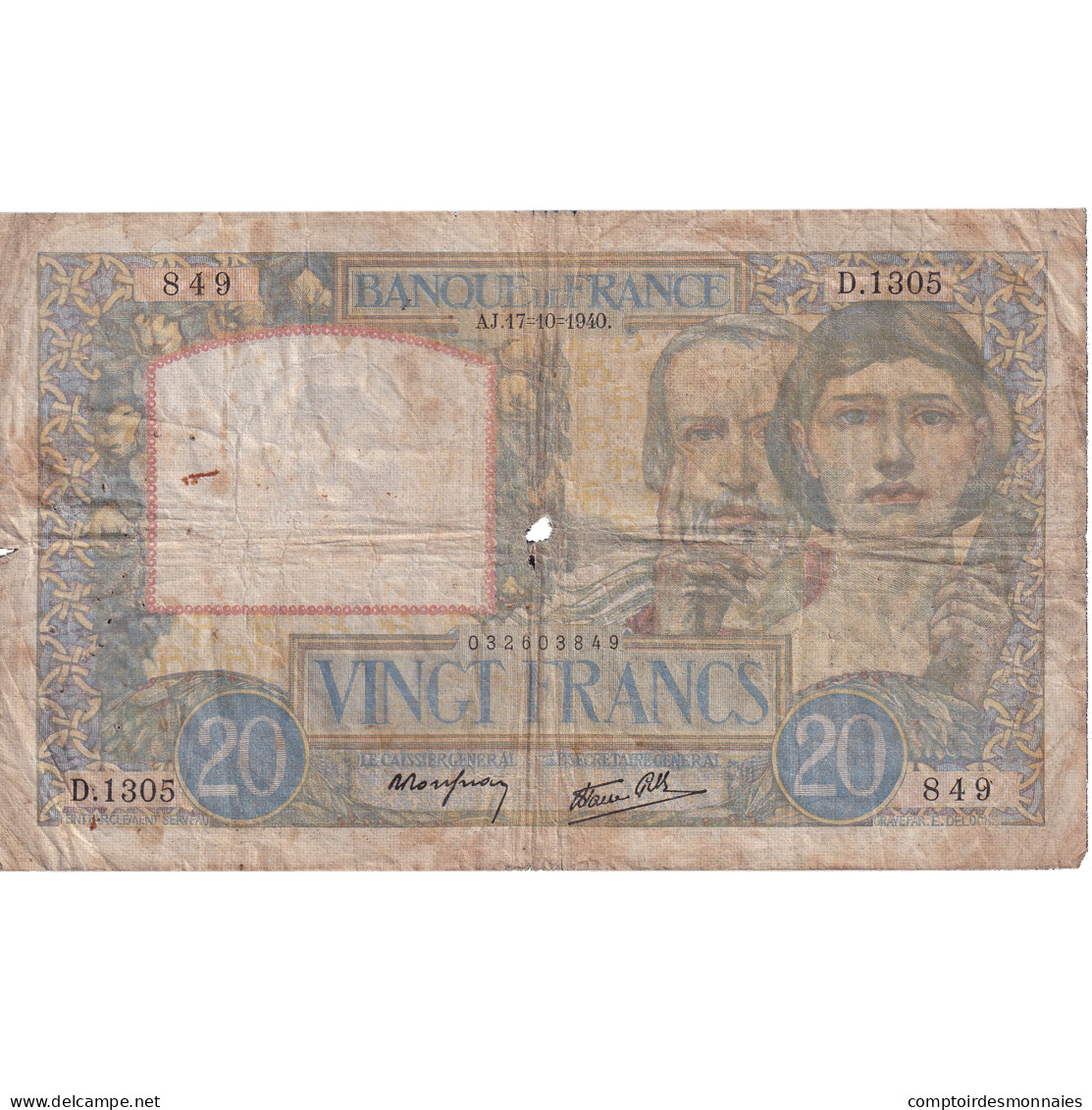 France, 20 Francs, Science Et Travail, 1940, D.1305, B+, Fayette:12.9, KM:92b - 20 F 1939-1942 ''Science Et Travail''