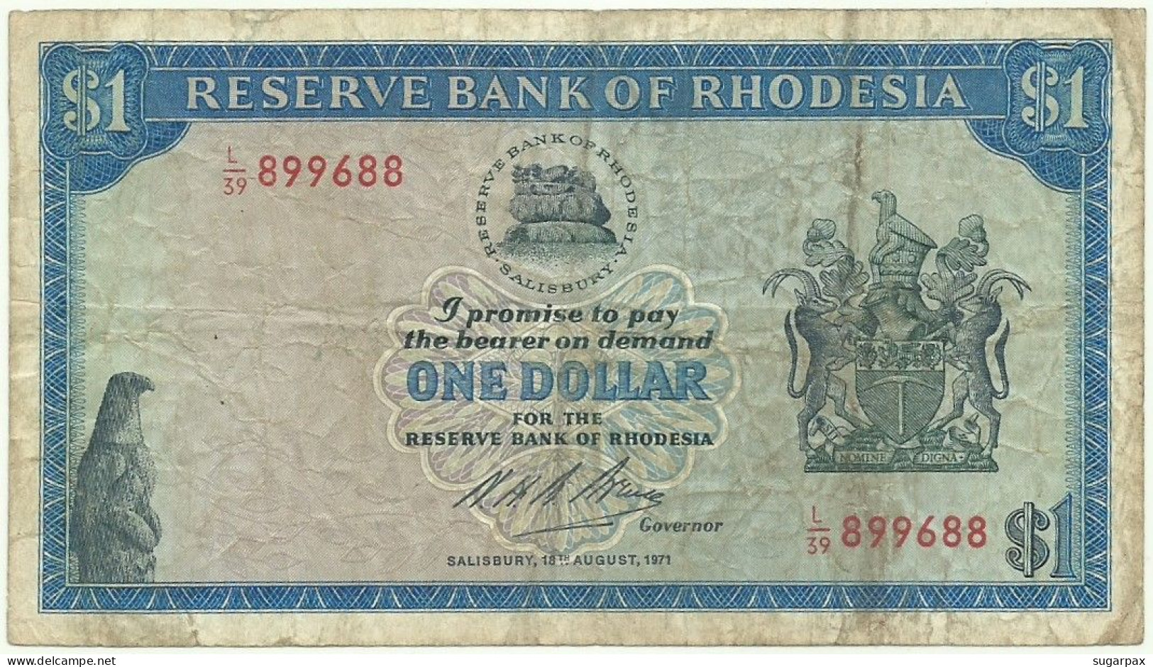Rhodesia - 1 Dollar - 1971.08.18 - P 30.f - Serie L/39 - Sign. 1 - Rhodésie