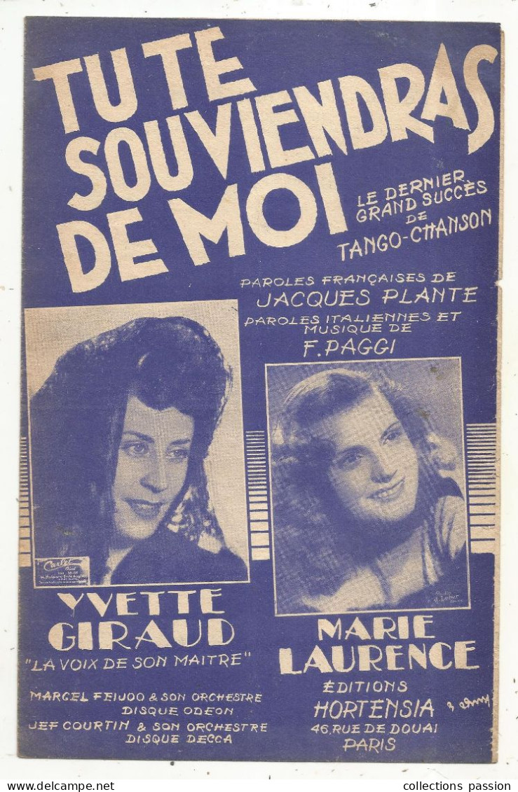 Partition Musicale Ancienne, Tu Te Souviens De Moi, Tango-chanson, Yvette Giraud, Marie Laurence,  Frais Fr 1.65 E - Partitions Musicales Anciennes