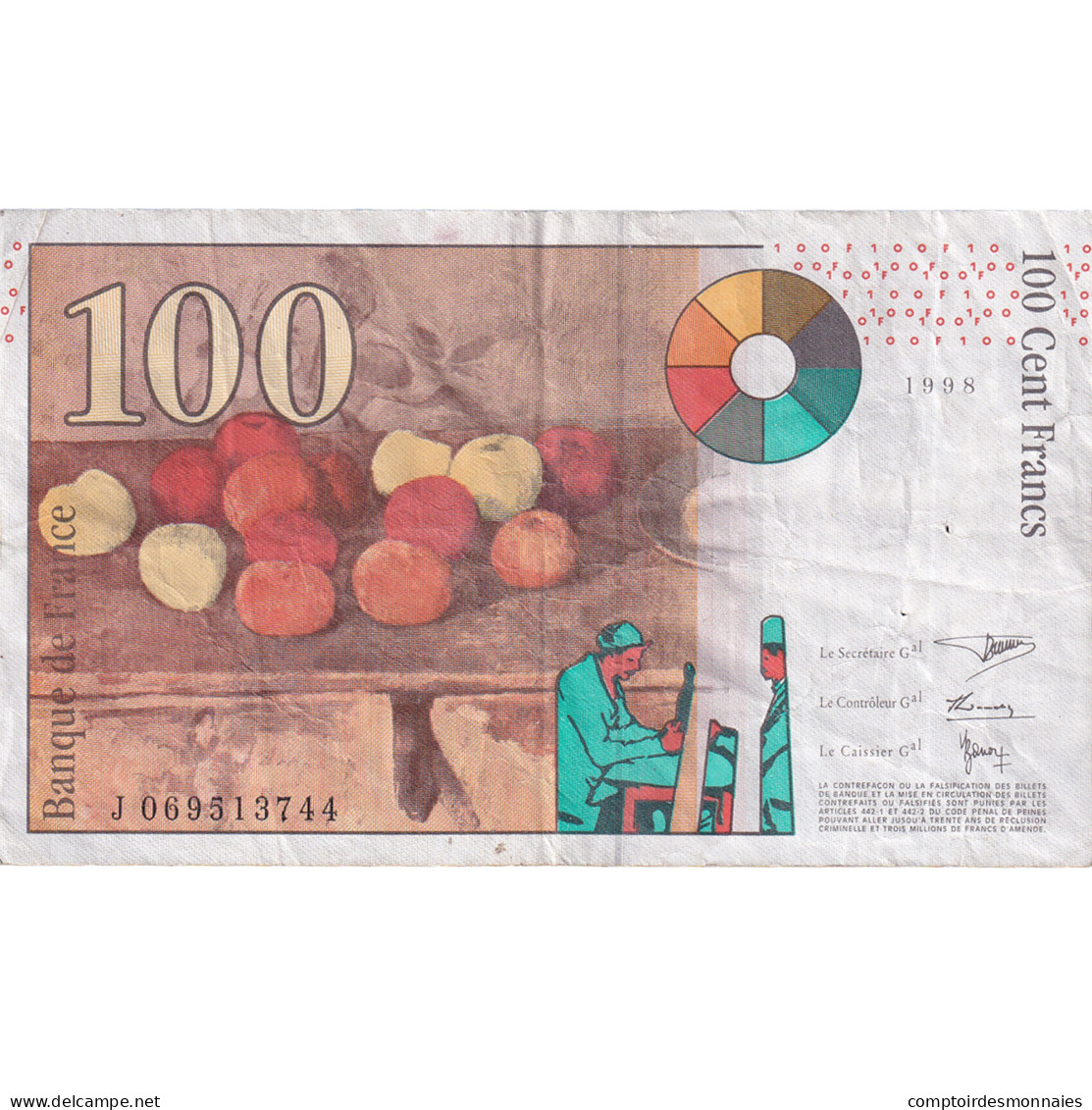 France, 100 Francs, Cézanne, 1998, J069513744, TB, Fayette:74.2, KM:158a - 100 F 1997-1998 ''Cézanne''