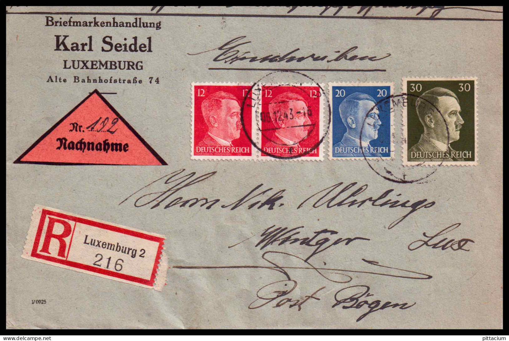 Luxemburg 1943: Brief / Nachnahme | Besatzung, R-Zettel, Briefmarkenhandlung | Luxemburg;Luxembourg, Wintger;Wincrange - 1940-1944 Deutsche Besatzung