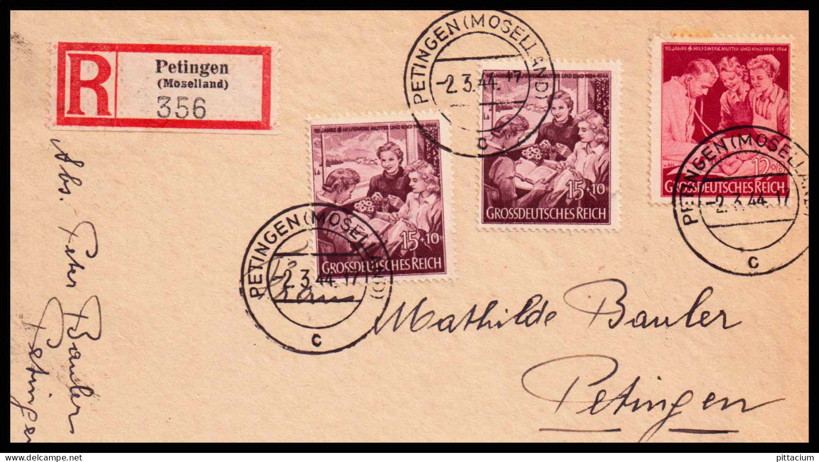Luxemburg 1944: Brief, Einschreiben FDC | Besatzung, R-Zettel | Petingen;Petange - 1940-1944 Duitse Bezetting