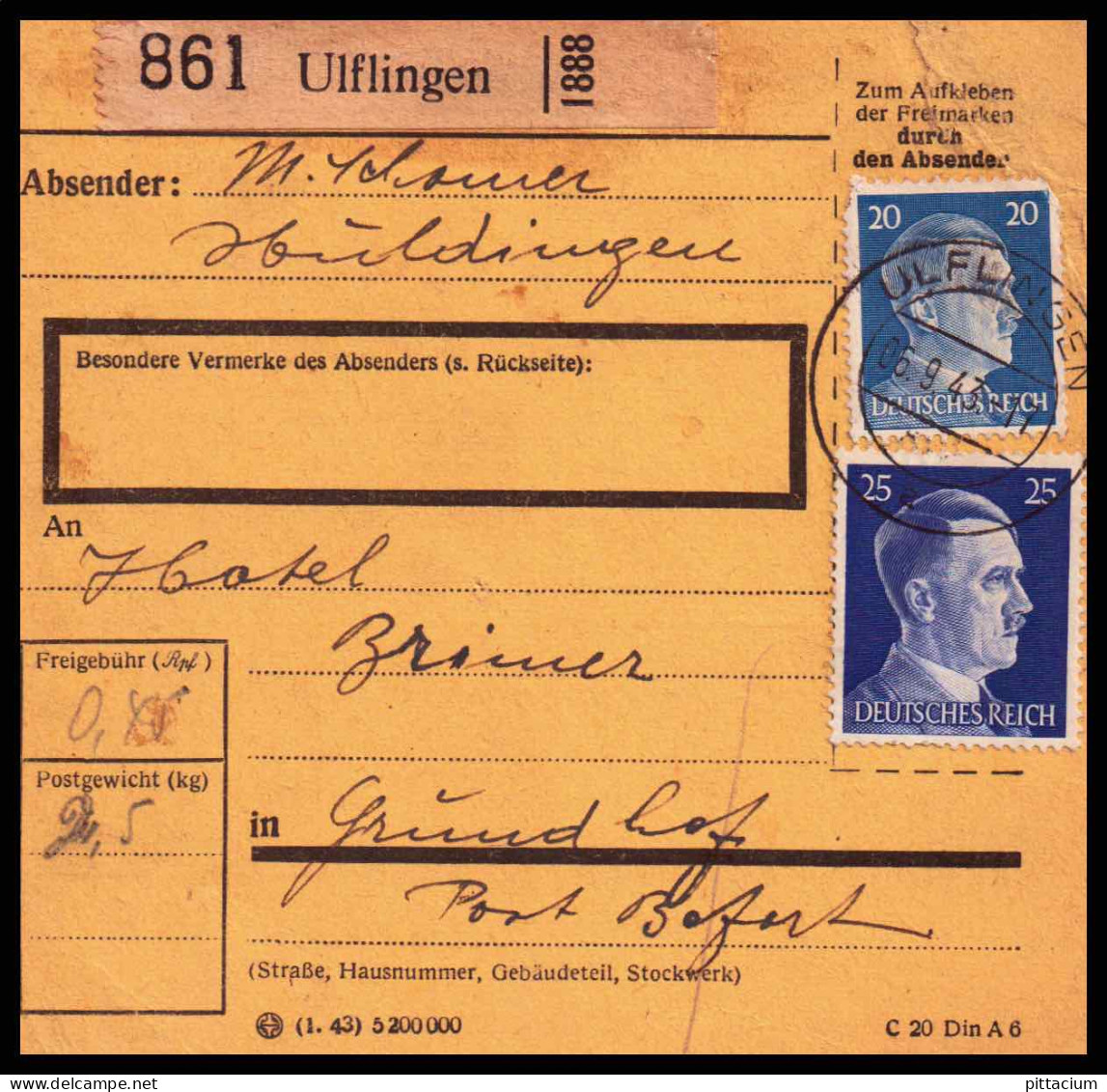 Luxemburg 1943: Paketkarte  | Besatzung, Absenderpostamt, Moselland | Ulflingen;Troisvierges, Grundhof;Berdorf, Beaufort - 1940-1944 Occupation Allemande