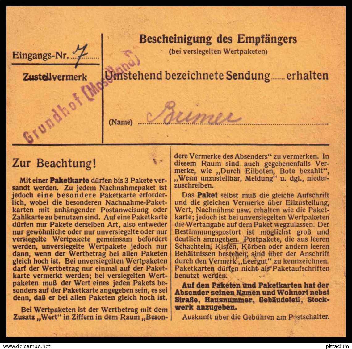 Luxemburg 1943: Paketkarte  | Besatzung, Absenderpostamt, Moselland | Ulflingen;Troisvierges, Grundhof;Berdorf, Beaufort - 1940-1944 Occupazione Tedesca