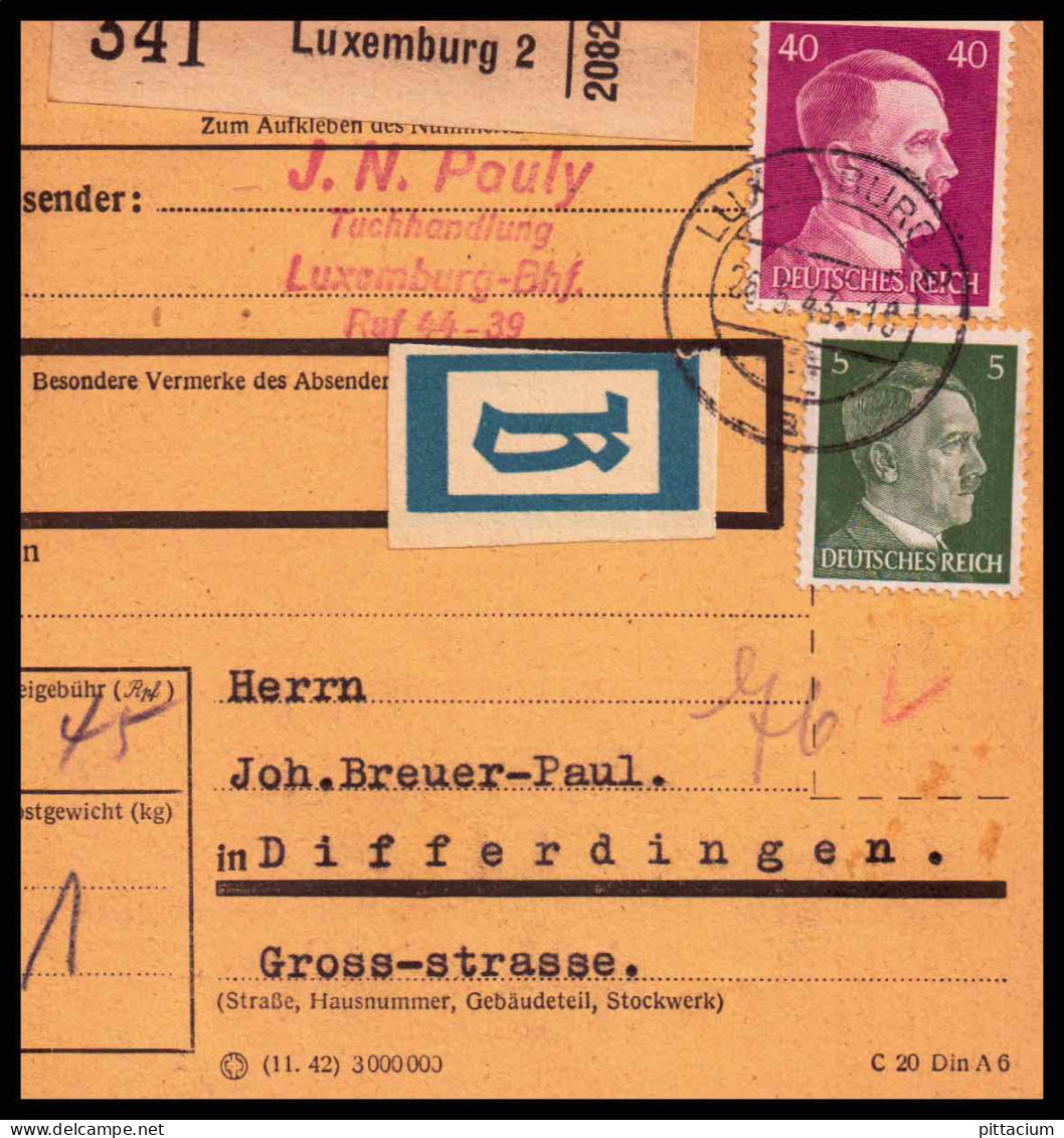 Luxemburg 1943: Paketkarte  | Besatzung, Absenderpostamt, Beutelstück | Luxemburg;Luxembourg, Differdingen;Differdange - 1940-1944 Occupazione Tedesca
