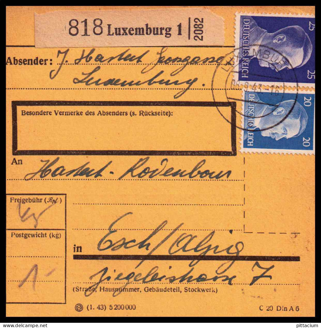 Luxemburg 1943: Paketkarte  | Besatzung, Absenderpostamt, Bezirksämter | Luxemburg;Luxembourg, Esch An Der Alzette;Esch- - 1940-1944 Deutsche Besatzung