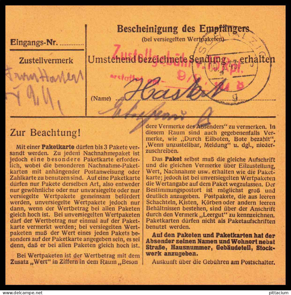 Luxemburg 1943: Paketkarte  | Besatzung, Absenderpostamt, Bezirksämter | Luxemburg;Luxembourg, Esch An Der Alzette;Esch- - 1940-1944 Occupation Allemande