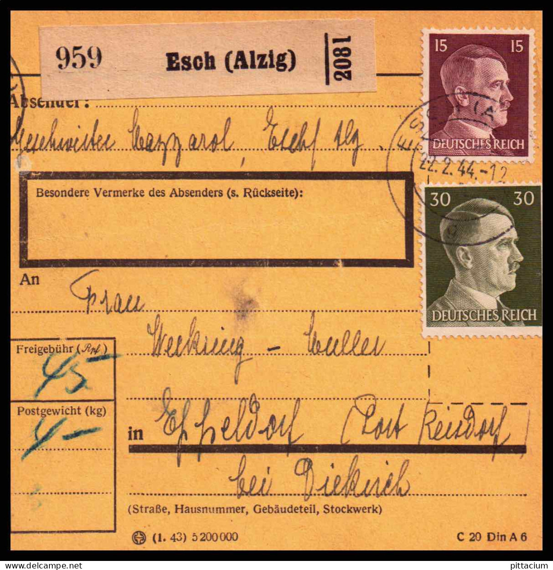 Luxemburg 1944: Paketkarte  | Besatzung, Absenderpostamt, Bezirkspostamt | Esch An Der Alzette;Esch-sur-Alzett, Reisdorf - 1940-1944 Duitse Bezetting