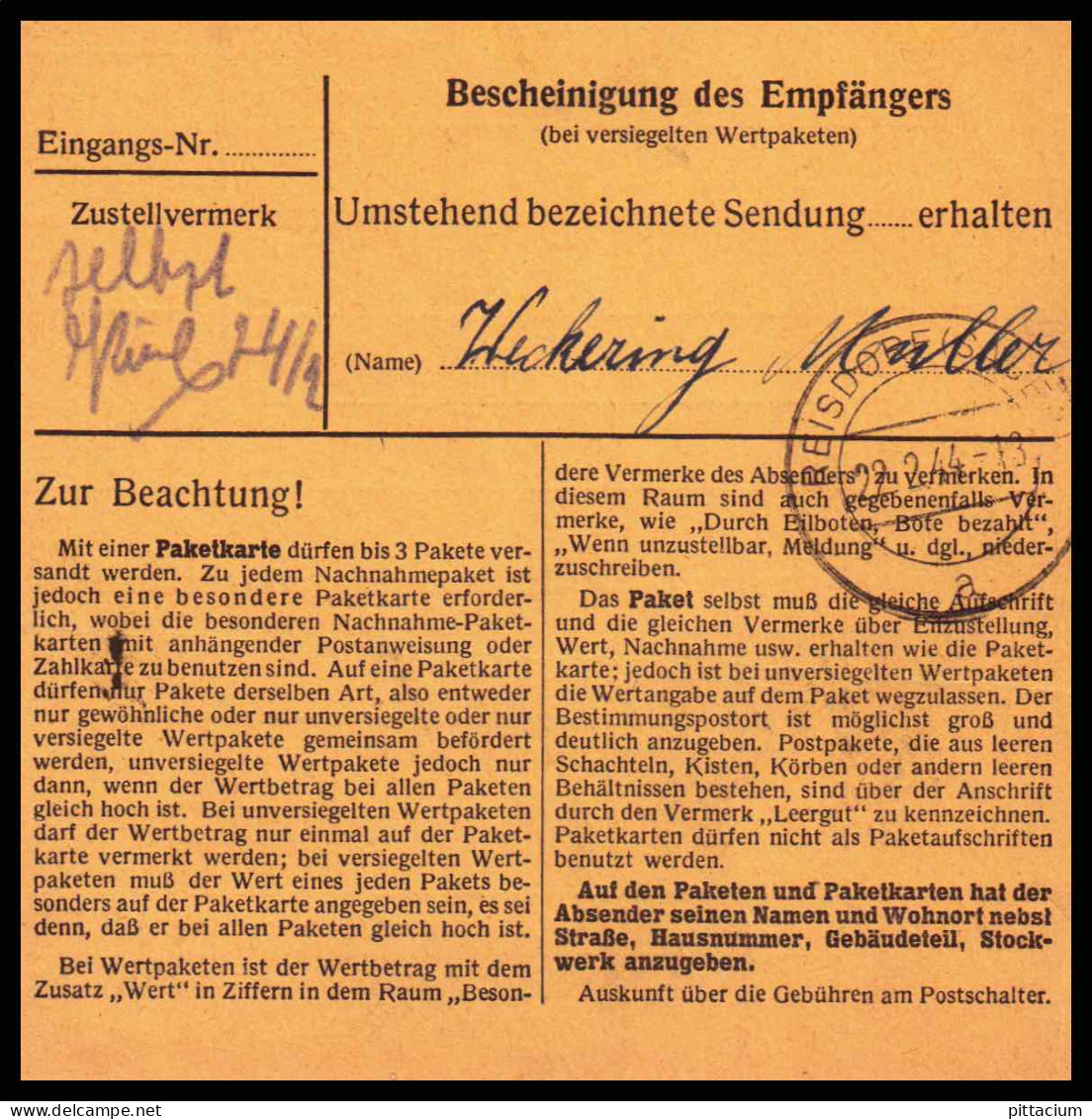 Luxemburg 1944: Paketkarte  | Besatzung, Absenderpostamt, Bezirkspostamt | Esch An Der Alzette;Esch-sur-Alzett, Reisdorf - 1940-1944 Deutsche Besatzung