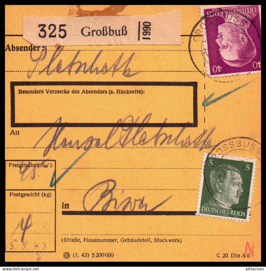 Luxemburg 1943: Paketkarte  | Besatzung, Bezirksämter, Moselland | Großbuß, WECKER; - 1940-1944 Deutsche Besatzung