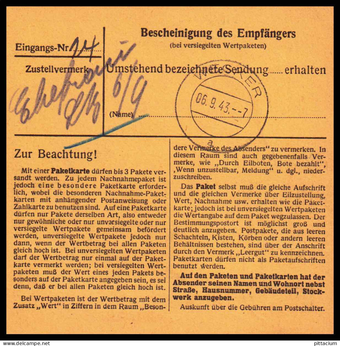 Luxemburg 1943: Paketkarte  | Besatzung, Bezirksämter, Moselland | Großbuß, WECKER; - 1940-1944 Occupation Allemande