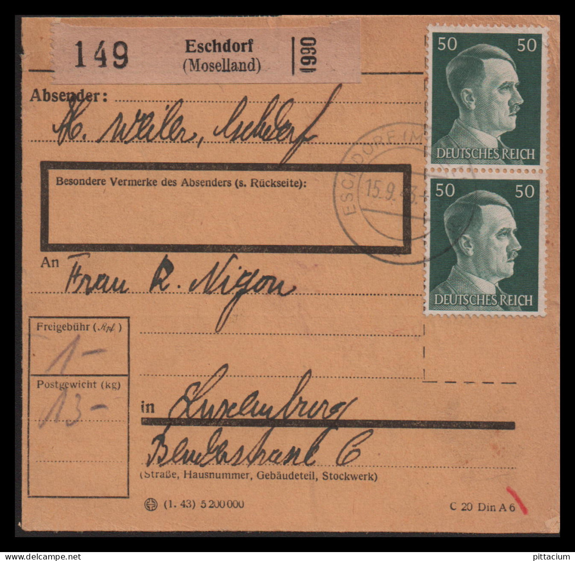 Luxemburg 1943: Paketkarte  | Besatzung, Bezirksämter, Moselland | Eschdorf;Heiderscheid, Luxemburg;Luxembourg - 1940-1944 Occupazione Tedesca