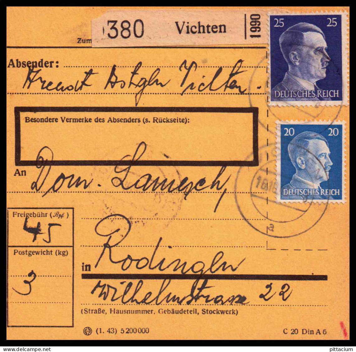 Luxemburg 1943: Paketkarte  | Besatzung, Absenderpostamt, Bezirkspostamt | Vichten;Vichten, Rodingen;Petange - 1940-1944 German Occupation