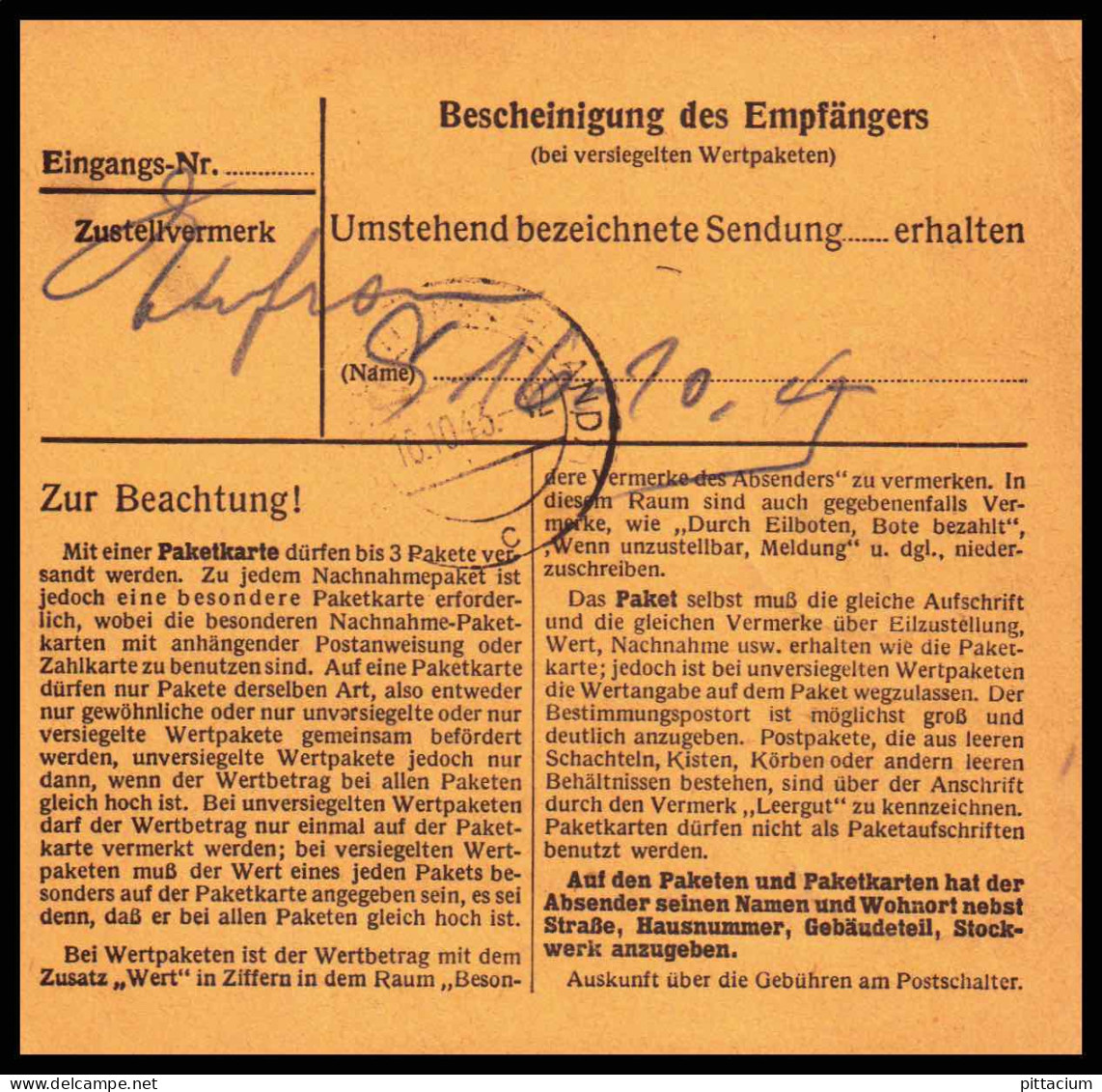 Luxemburg 1943: Paketkarte  | Besatzung, Absenderpostamt, Bezirkspostamt | Vichten;Vichten, Rodingen;Petange - 1940-1944 Deutsche Besatzung