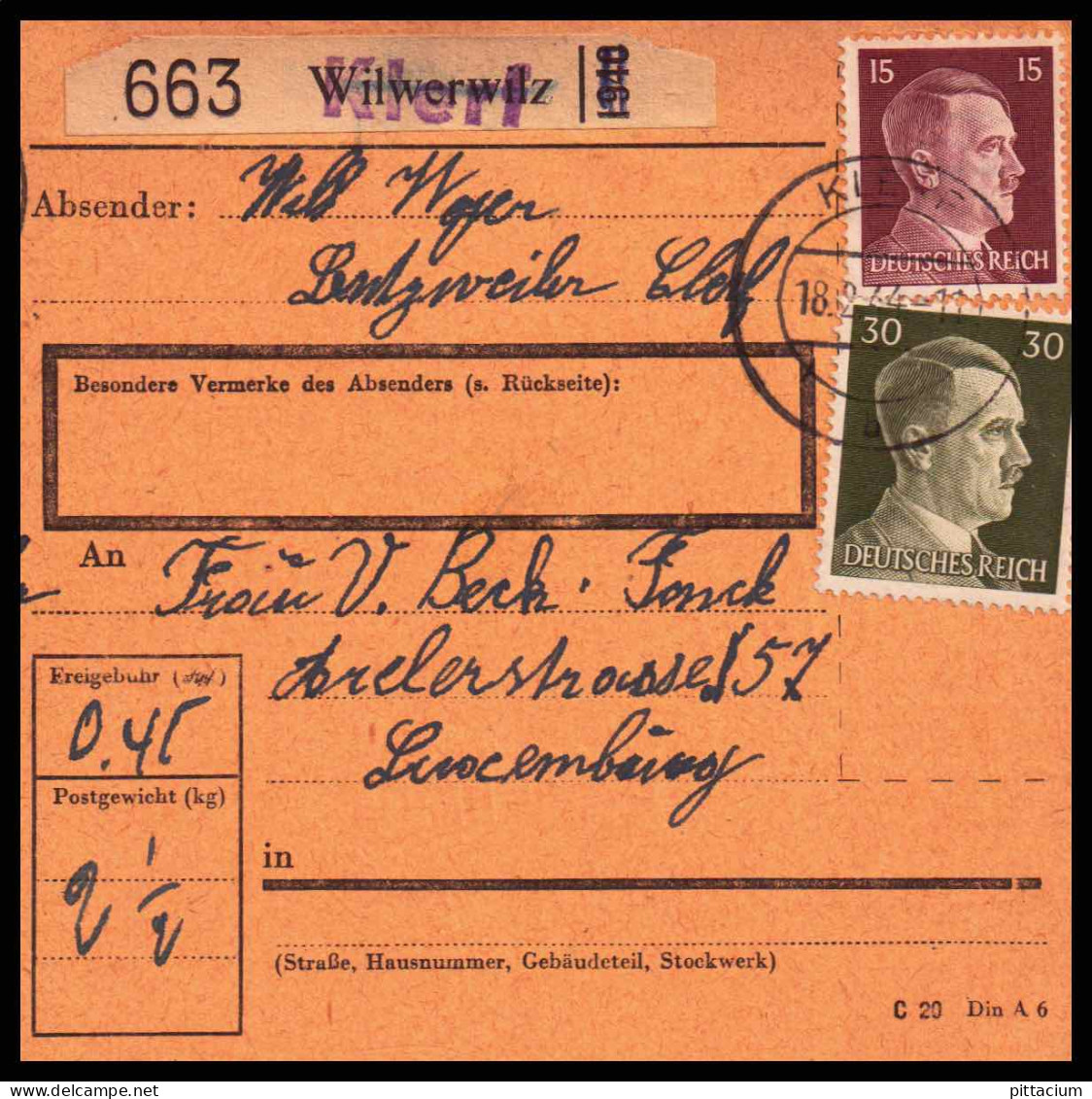 Luxemburg 1944: Paketkarte  | Besatzung, Bezirksämter, Moselland | Klerf, Kiischpelt, Luxemburg;Luxembourg - 1940-1944 Ocupación Alemana
