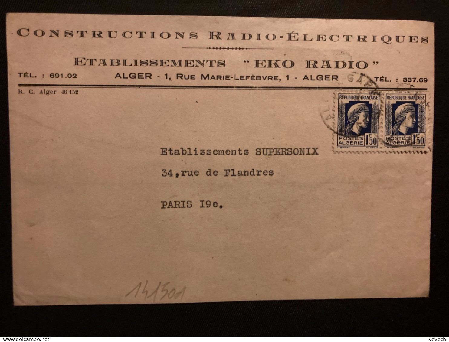 LETTRE CONSTRUCTIONS RADIO-ELECTRIQUES Ets "EKO RADIO" TP MARIANNE D'ALGER 1F50 Paire OBL.6-10 4? ALGER GARE - 1944 Coq Et Marianne D'Alger