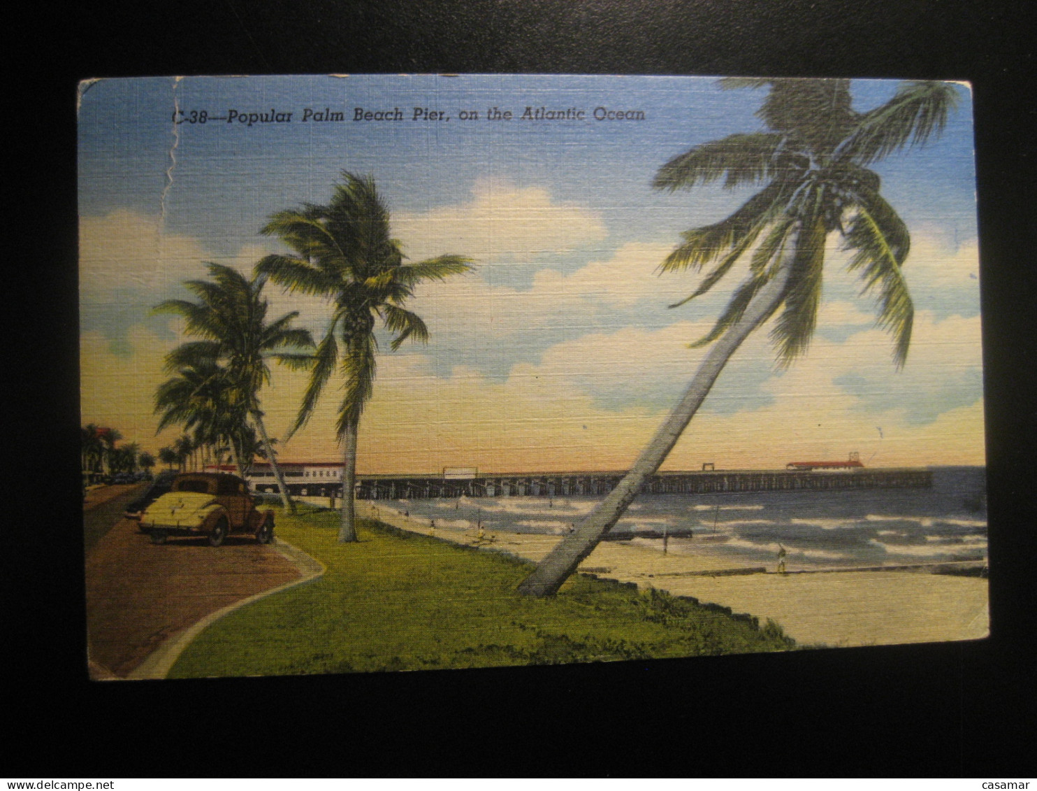 PALM BEACH Florida Pier Atlantic Ocean Cancel 1953 To Sweden Slight Folded Postcard USA - Palm Beach