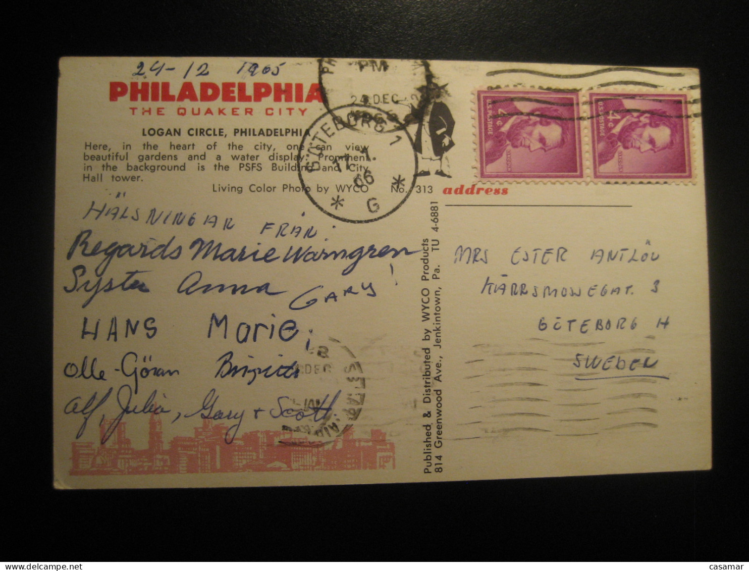 PHILADELPHIA Pennsylvania Logan Circle Fountain Cancel 1965 To Sweden Postcard USA - Philadelphia