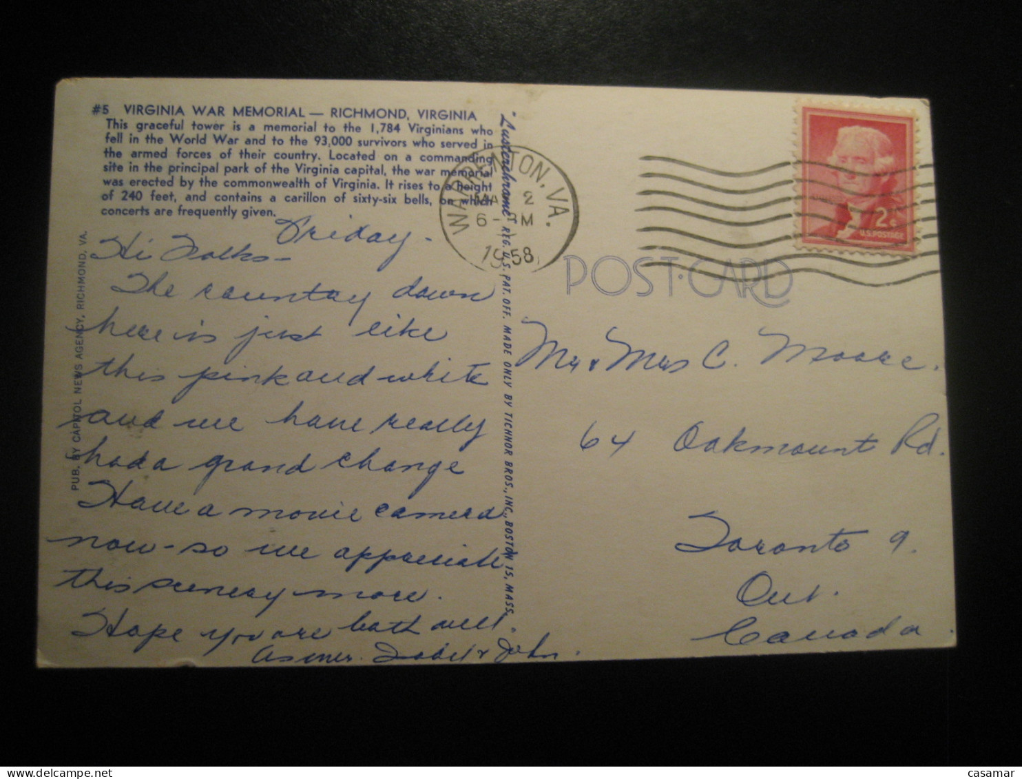 RICHMOND Virginia War Memorial WW2 Cancel WARRENTON 1958 To Canada Postcard USA - Richmond