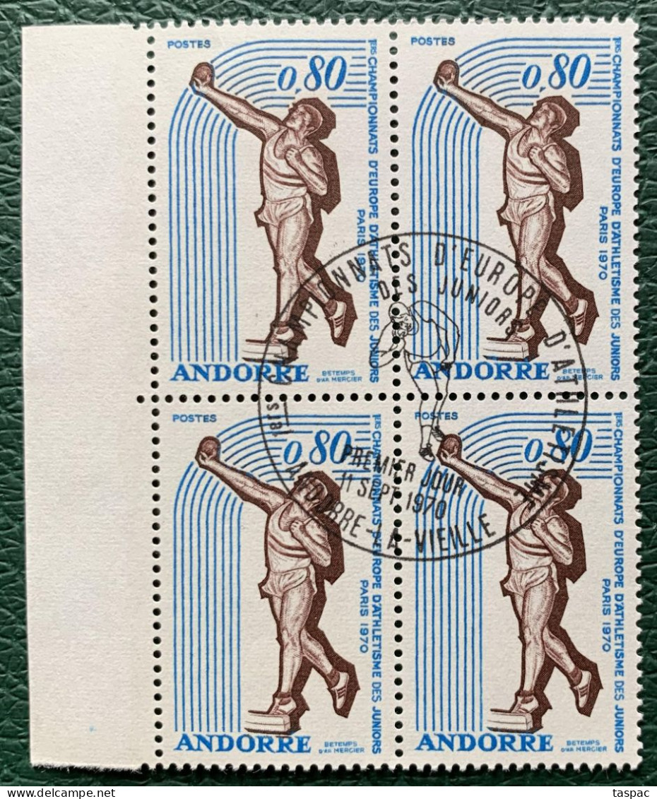 French Andorra 1970 Mi# 225 Used - Block Of 4 - 1st European Junior Athletic Championships / Shot Put - Used Stamps