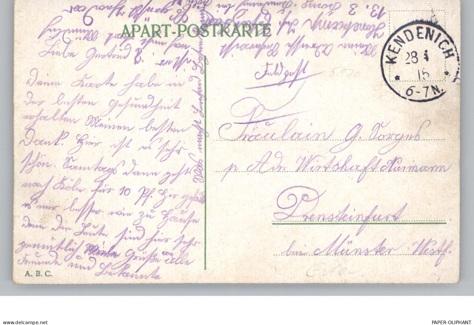 5030 HÜRTH - KENDENICH, Postgeschichte, Einkreisstempel 1915, Feldpost - Huerth