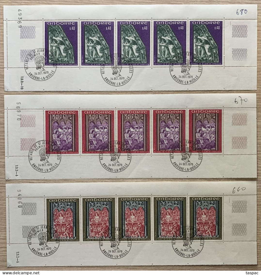 French Andorra 1970 Mi# 226-228 Used - Set In Strips Of 5 - The Revelation / Frescoes From The Altar Of St. John - Oblitérés