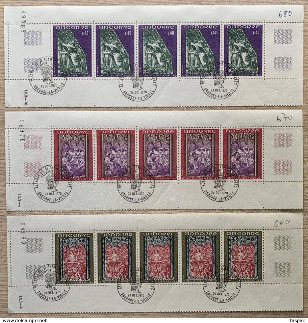 French Andorra 1970 Mi# 226-228 Used - Set In Strips Of 5 - The Revelation / Frescoes From The Altar Of St. John - Gebruikt