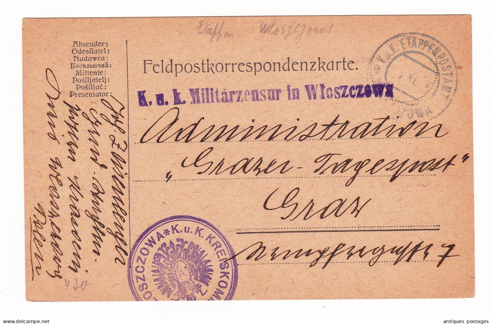 WW1 Włoszczowa 1916 Kreiskommando Polen Poland Militarzensur Etappenpostant Grazer Tagespost Graz - Feldpost (franchigia Postale)
