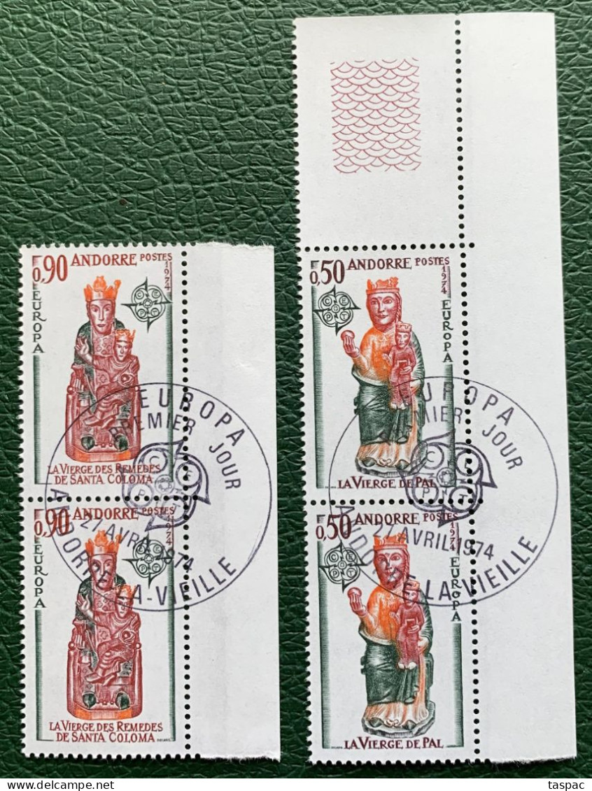 French Andorra 1974 Mi# 258-259 Used - Set In Pairs - Europa / Sculptures / Madonna - Gebruikt