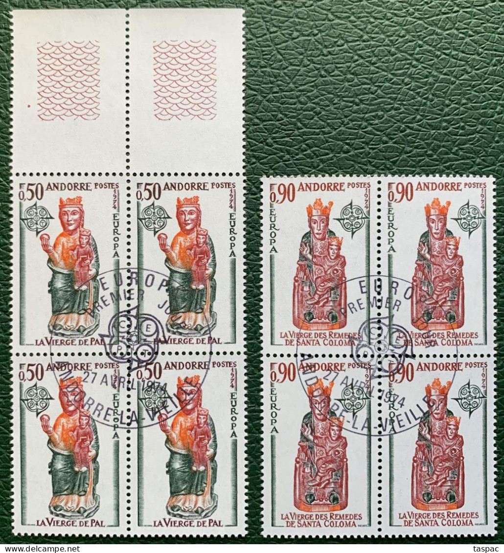 French Andorra 1974 Mi# 258-259 Used - Set In Blocks Of 4 - Europa / Sculptures / Madonna - 1974