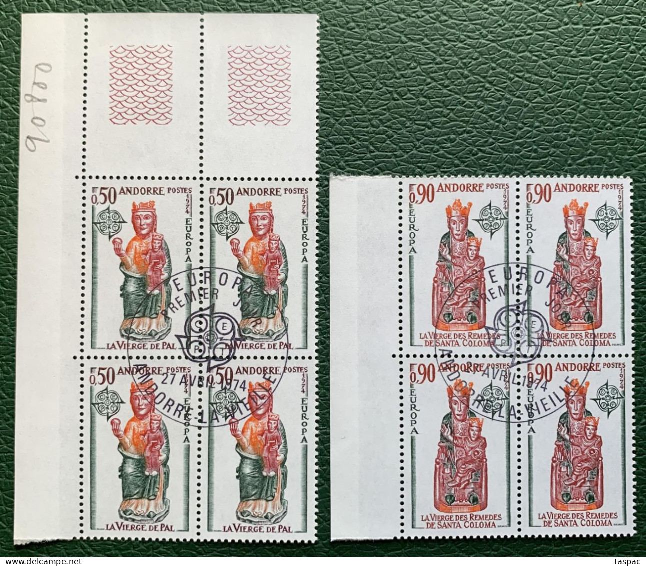 French Andorra 1974 Mi# 258-259 Used - Set In Blocks Of 4 - Europa / Sculptures / Madonna - Used Stamps