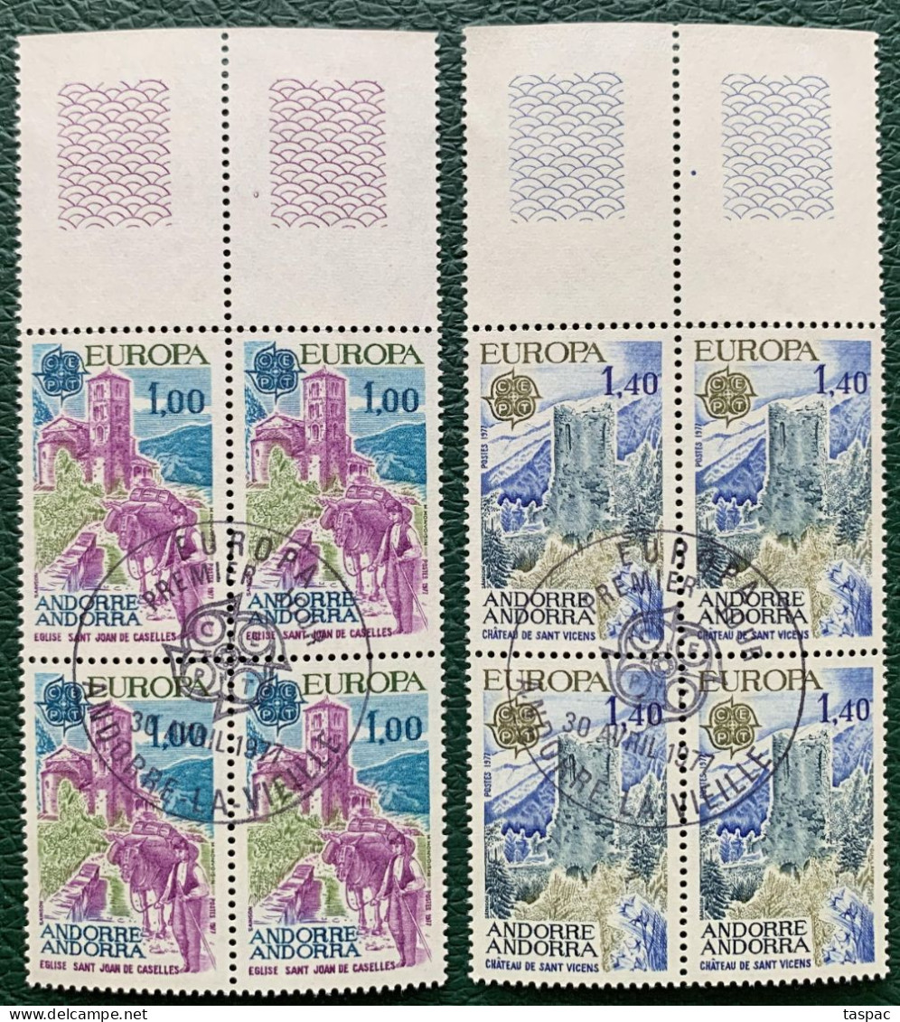 French Andorra 1977 Mi# 282-283 Used - Set In Bloks Of 4 - Europa / Landscapes - Used Stamps