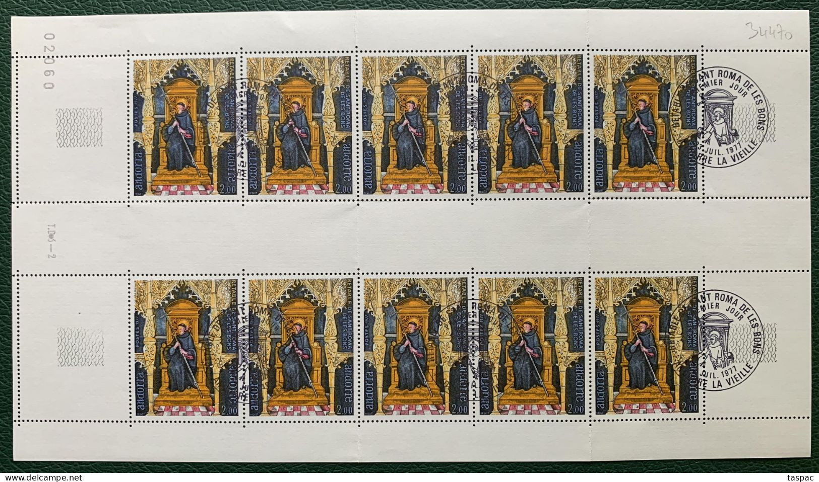 French Andorra 1977 Mi# 285 Klb. Used - Sheet Of 10 (folded) - Paintings / St. Romanus Of Caesarea - Used Stamps