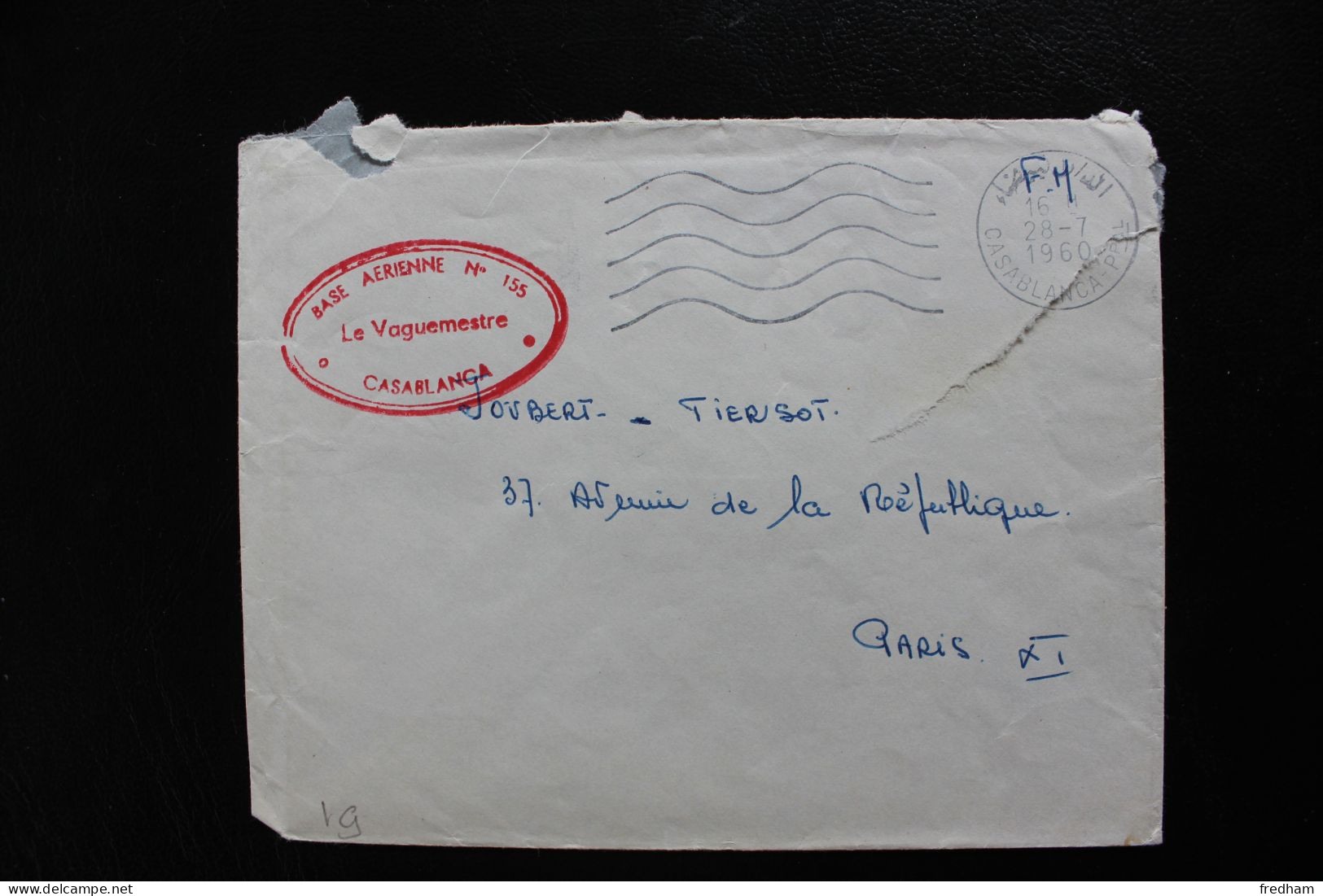 1960 MAROC LSC  FM CACHET ROUGE BASE AERIENNE NO 155 CASABLANCA OMEC 5 LO  DU 28/07/1960 POUR PARIS - Militärische Luftpost